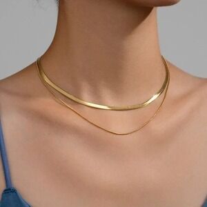 Layered Herringbone Titanium Steel Necklace Gold Chain Snake Bone Choker Women‎